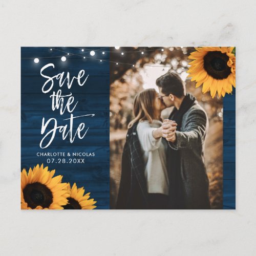 Rustic Navy Blue Sunflower Photo Save The Date Postcard