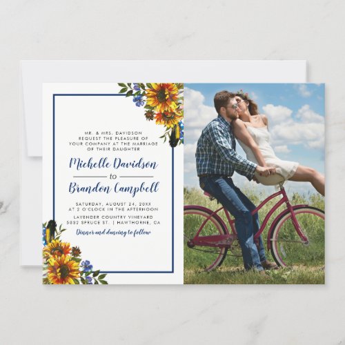 Rustic Navy Blue Sunflower Photo Wedding Invitation