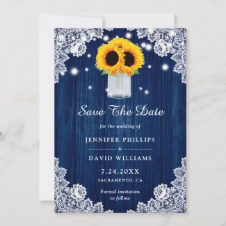 Rustic Navy Blue Sunflower Save The Date Cards