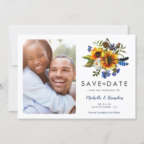 Rustic Navy Blue Sunflower Save the Date Photo