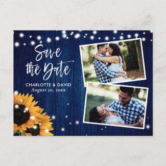 Rustic Navy Blue Sunflower Save The Date Photo Announcement Postcard