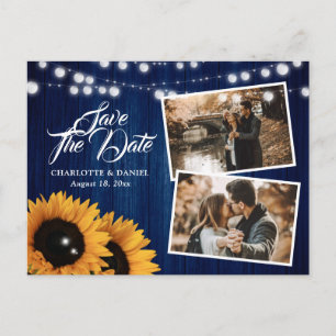 Rustic Navy Blue Sunflower Save The Date Photo Announcement Postcard