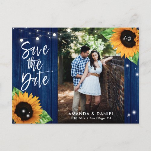 Rustic Navy Blue Sunflower Save The Date Postcard