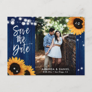 Rustic Navy Blue Sunflower Save The Date Postcard