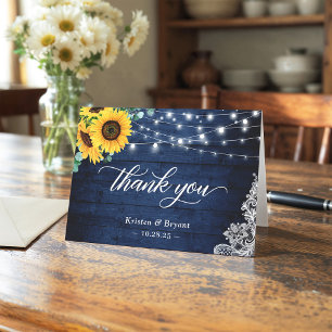 Rustic Navy Blue Sunflower String Lights Lace Letterpress Thank You Card