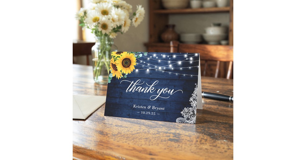 Rustic Navy Blue Sunflower String Lights Lace Thank You Card | Zazzle