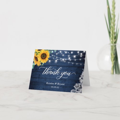 Rustic Navy Blue Sunflower String Lights Lace Thank You Card