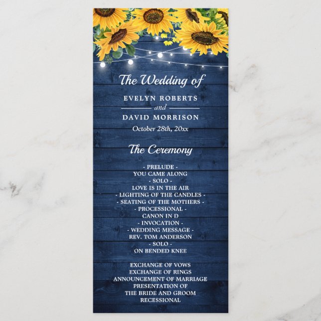 Rustic Navy Blue Sunflower String Lights Wedding Program (Front)