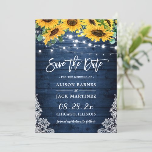 Rustic Navy Blue Sunflower String Lights Wedding Save The Date - Rustic Navy Blue Sunflower String Lights Country Wedding Save the Date Card. For further customization, please click the "customize further" link and use our design tool to modify this template.