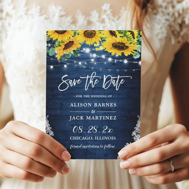 Rustic Navy Blue Sunflower String Lights Wedding Save The Date | Zazzle
