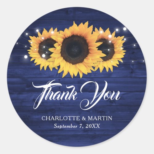 Rustic Navy Blue Sunflower Thank You Wedding Favor Classic Round Sticker