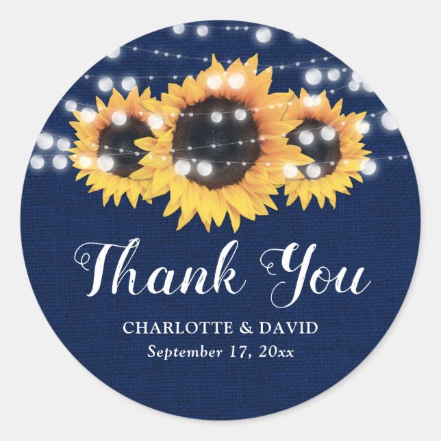 Rustic Navy Blue Sunflower Wedding Favor Classic Round Sticker (Front)