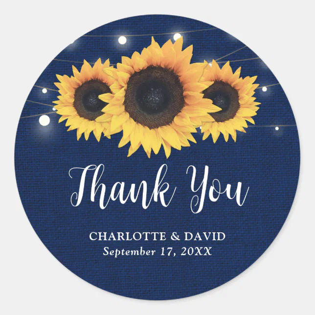 Rustic Navy Blue Sunflower Wedding Favor Classic Round Sticker Zazzle