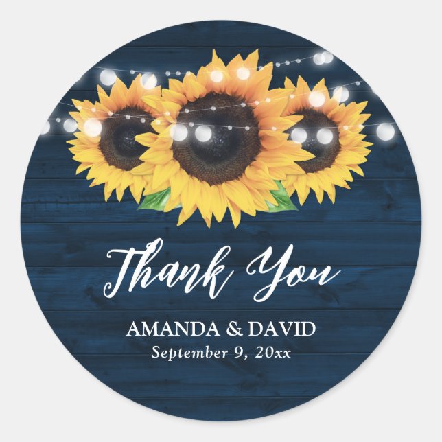 Rustic Navy Blue Sunflower Wedding Favor Stickers (Front)