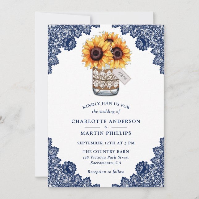 Rustic Navy Blue Sunflower Wedding Invitation (Front)