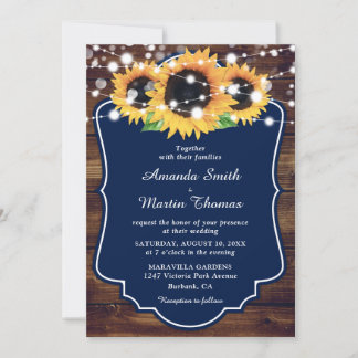 Rustic Navy Blue Sunflower Wedding Invitation