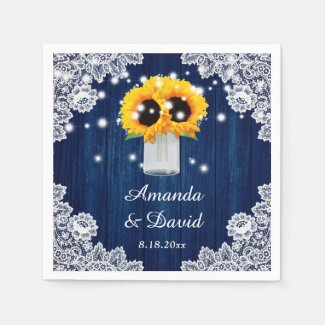 Rustic Navy Blue Sunflower Wedding Paper Napkins