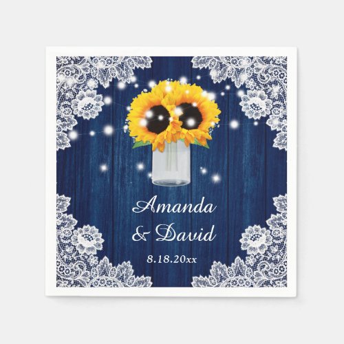 Rustic Navy Blue Sunflower Wedding Paper Napkins