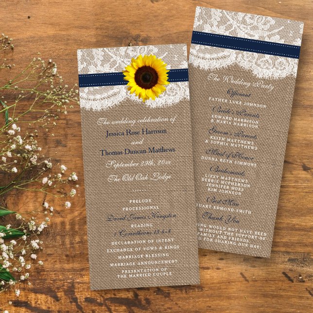 Rustic Navy Blue Sunflower Wedding Program (Creator Uploaded)