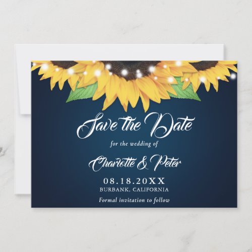 Rustic Navy Blue Sunflower Wedding Save The Date