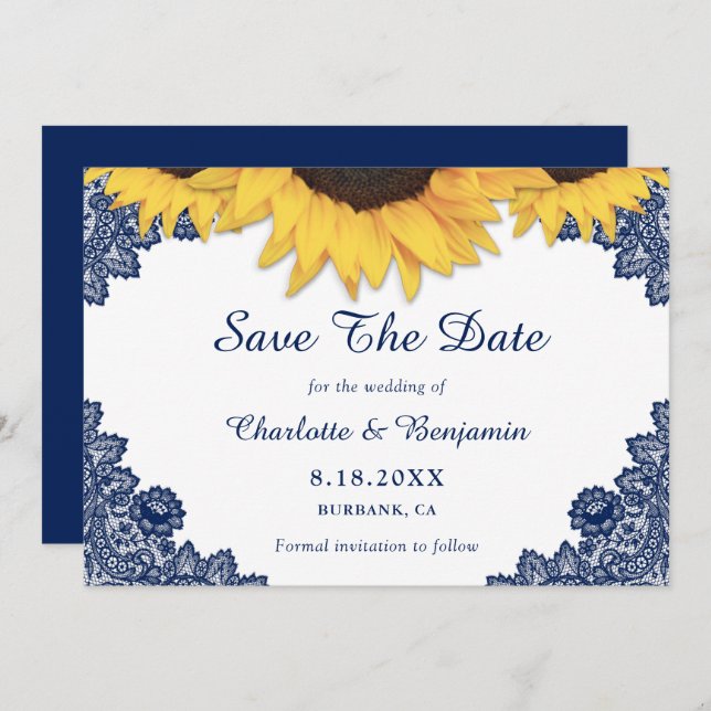 Rustic Navy Blue Sunflower Wedding Save The Date (Front/Back)