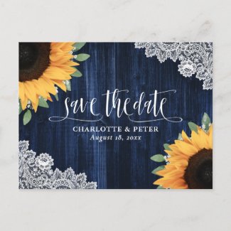 Rustic Navy Blue Sunflower Wedding Save The Date Announcement Postcard