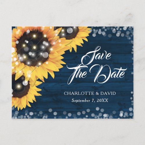 Rustic Navy Blue Sunflower Wedding Save The Date Announcement Postcard