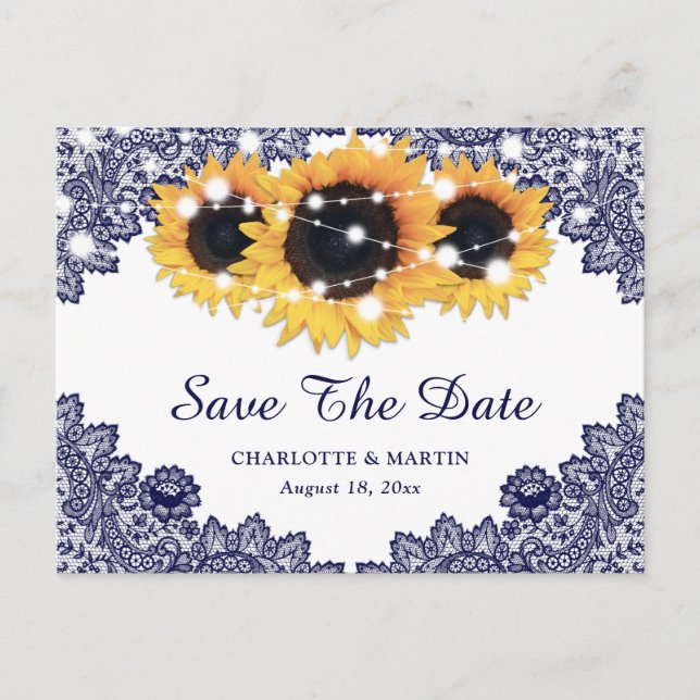 Rustic Navy Blue Sunflower Wedding Save The Date Announcement Postcard (Front)