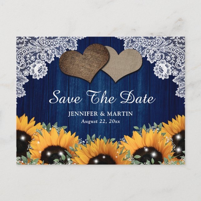 Rustic Navy Blue Sunflower Wedding Save The Date Announcement Postcard (Front)