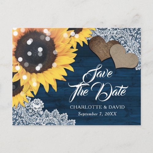 Rustic Navy Blue Sunflower Wedding Save The Date Announcement Postcard