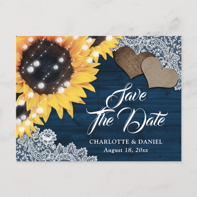 Rustic Navy Blue Sunflower Wedding Save The Date Announcement Postcard (Front)
