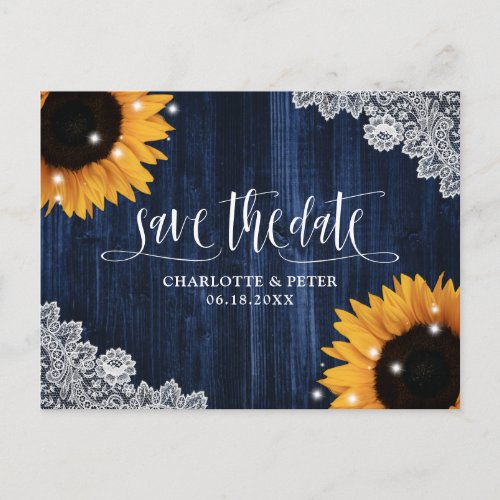Rustic Navy Blue Sunflower Wedding Save The Date Postcard