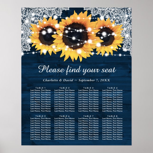 Rustic Navy Blue Sunflower Wedding Seating Chart 8 (Front)