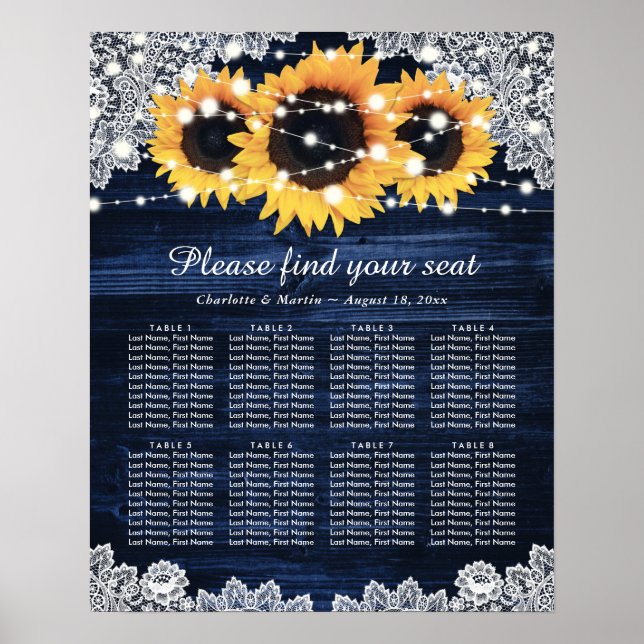 Rustic Navy Blue Sunflower Wedding Seating Chart 8 (Front)