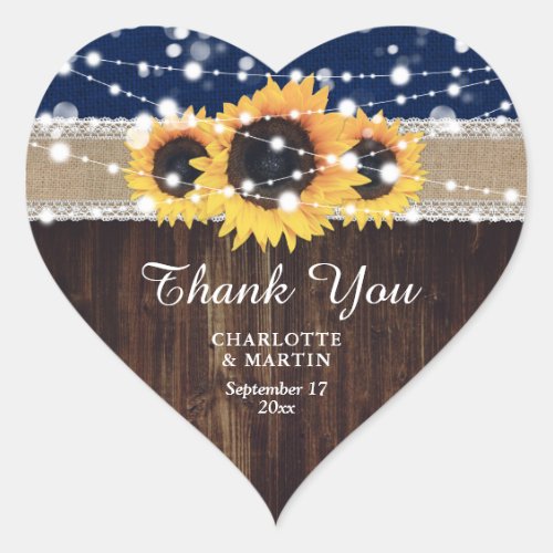 Rustic Navy Blue Sunflower Wedding Thank You Heart Sticker