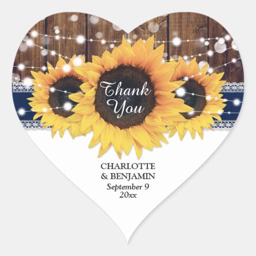 Rustic Navy Blue Sunflower Wedding Thank You Heart Sticker