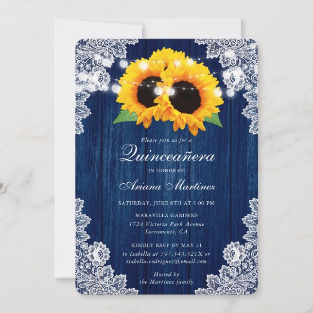 Rustic Navy Blue Sunflower Wood Lace Quinceañera Invitation (Front)