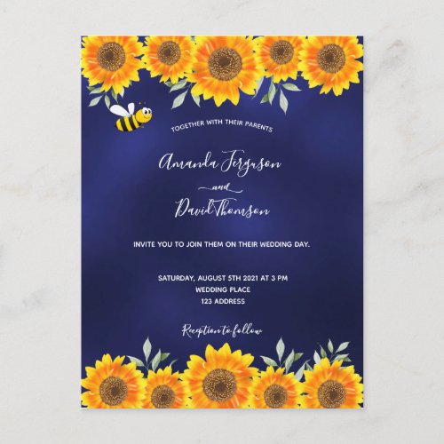 Rustic navy blue sunflowers bee wedding invitation postcard