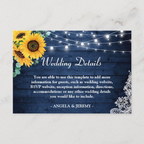 Rustic Navy Blue Sunflowers Wedding Details Enclosure Card