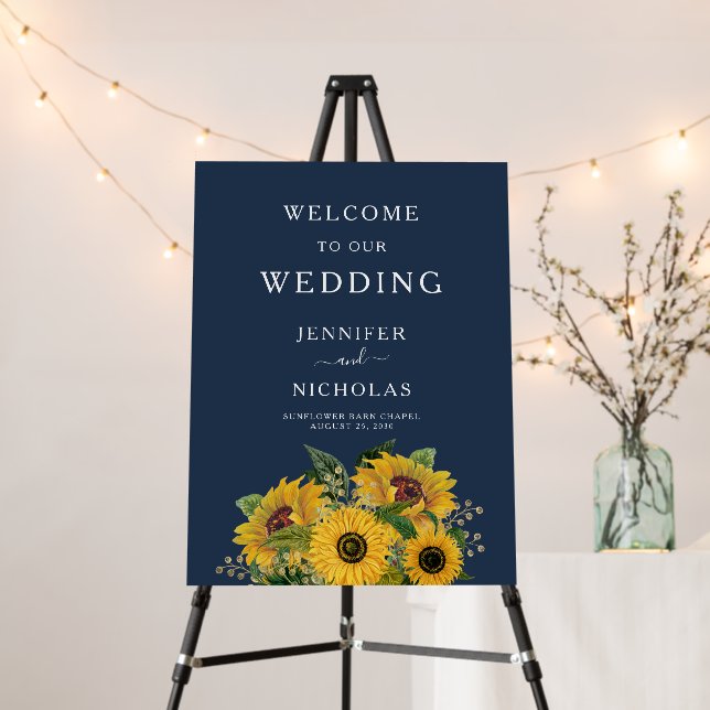 Rustic Navy Blue Sunflowers Wedding Welcome Foam Board (In Situ (Stand))