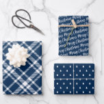 Rustic Navy Blue Tartan Plaid Merry Christmas Wrapping Paper Sheets<br><div class="desc">Rustic modern gift wrap set features three coordinating holiday wrapping paper sheets: navy blue and white tartan plaid,  black with white script "Merry Christmas" text,  and navy with little white pine trees pattern.</div>