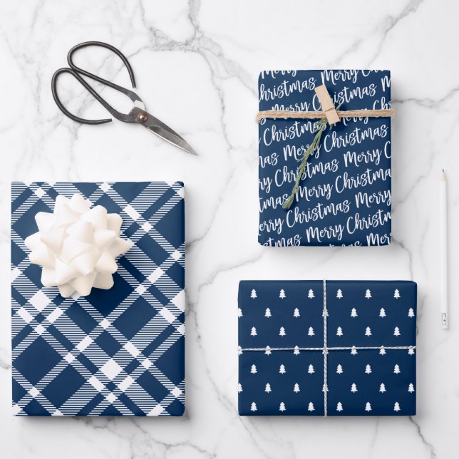 Rustic Navy Blue Tartan Plaid Merry Christmas Wrapping Paper Sheets (Front)