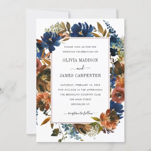 Rustic Navy Blue Terracotta Floral Fall Wedding Invitation