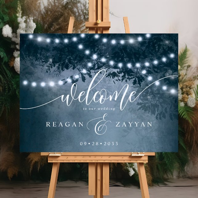 Rustic Navy Blue Tree String Light Wedding Welcome Foam Board (Creator Uploaded)