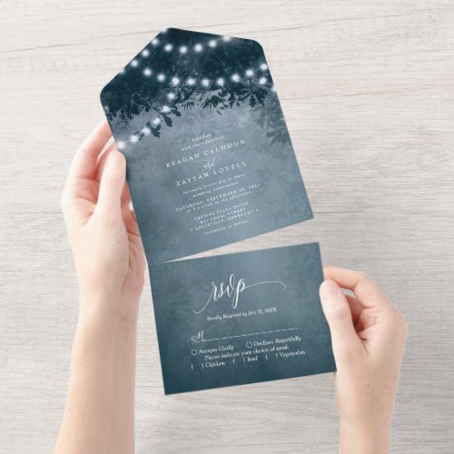 Rustic Navy Blue Tree String Lights Wedding All In One Invitation