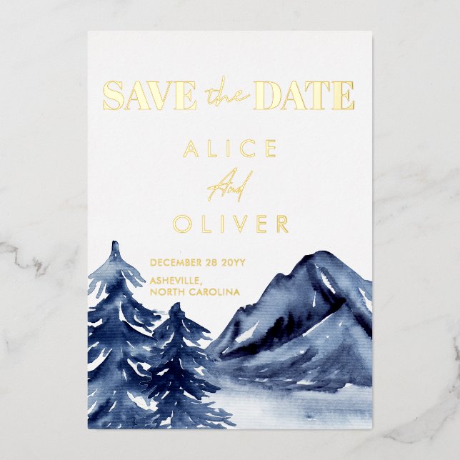 Rustic Navy Blue Trees Mountain Save The Date Foil Invitation (Front)