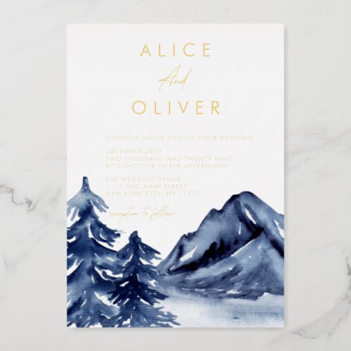 Rustic Navy Blue Trees Mountain Winter Wedding Foil Invitation