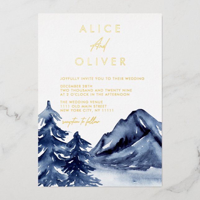 Rustic Navy Blue Trees Mountain Winter Wedding Foil Invitation (Front)