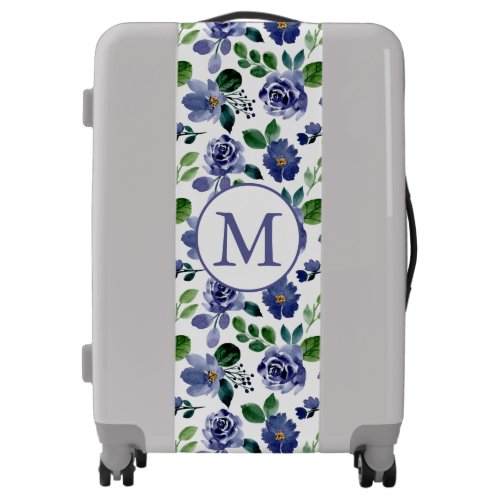 Rustic Navy Blue Watercolor Floral Monogram  Luggage