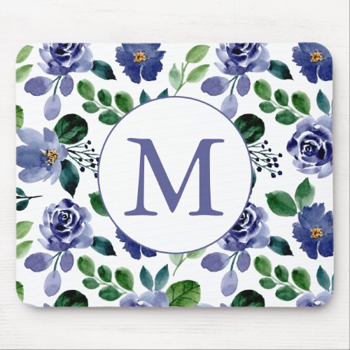 Rustic Navy Blue Watercolor Floral Monogram Mouse Pad